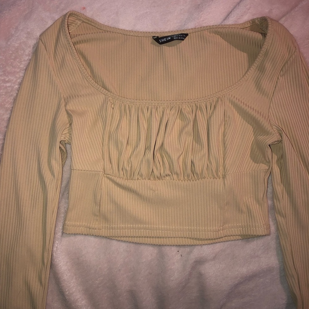 SHEIN Cream Ribbed Long Sleeve Crop Top
